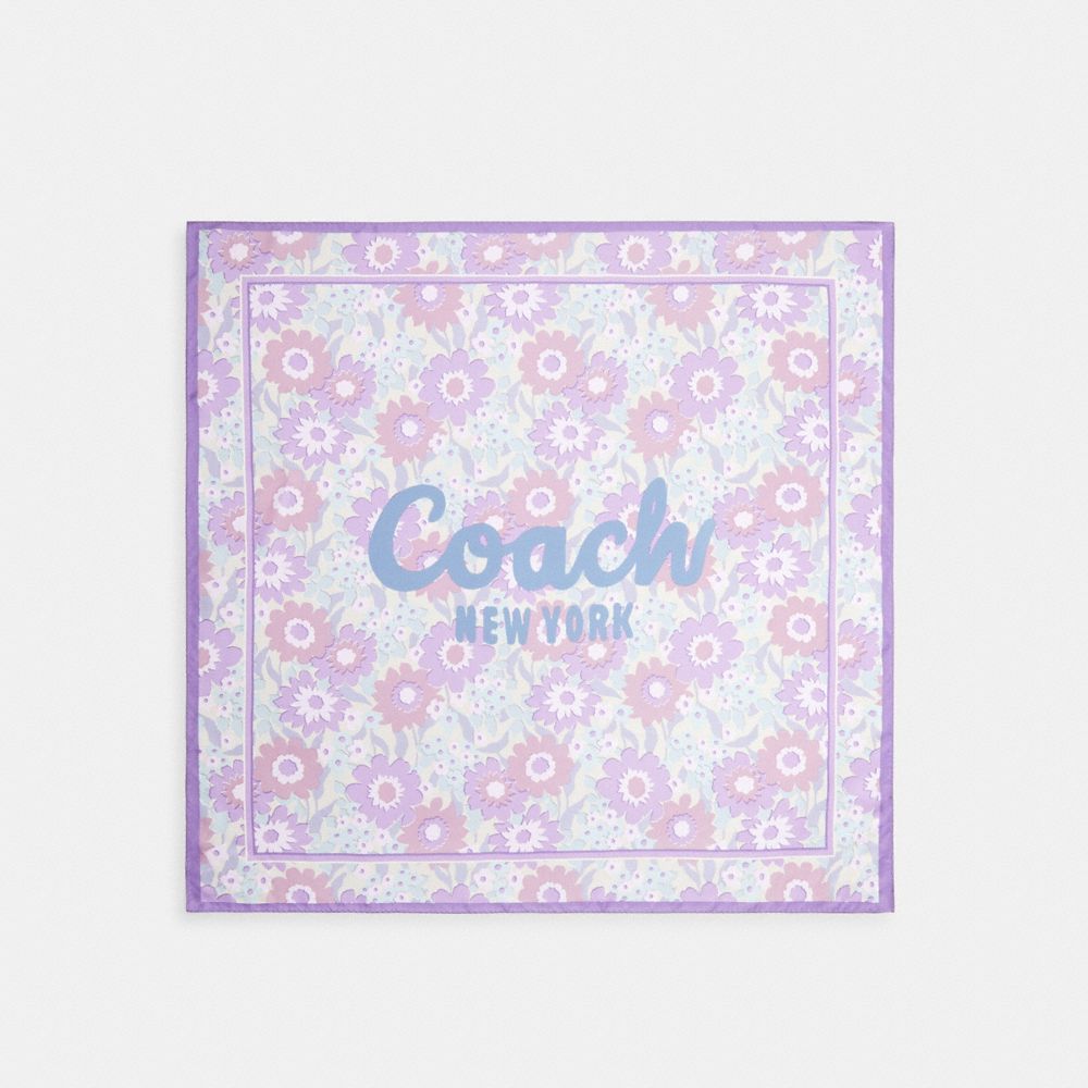 COACH®,Coach Script Floral Print Silk Square Scarf,Silk,Square,Stripe,Piping,Casual,Multi Color,Front View