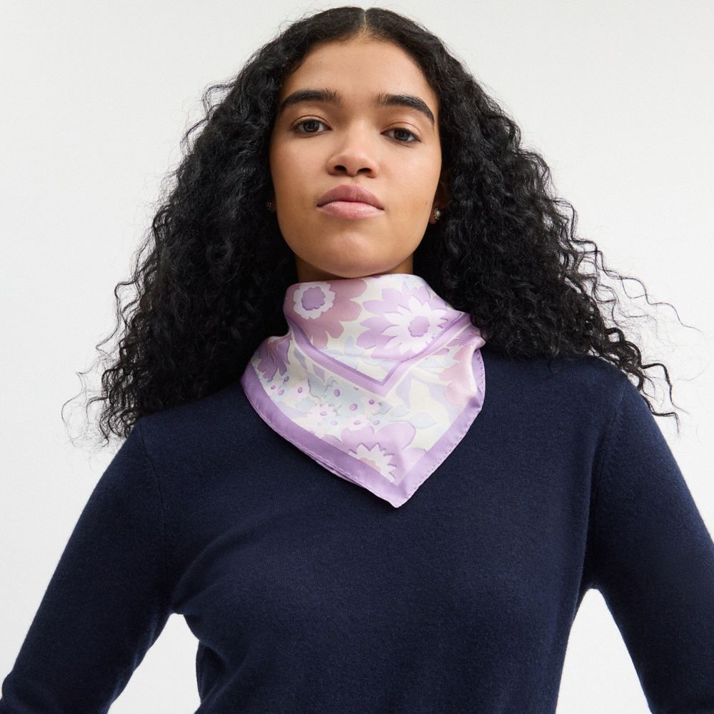 COACH®,Coach Script Floral Print Silk Square Scarf,Silk,Square,Stripe,Piping,Casual,Multi Color,Detail View