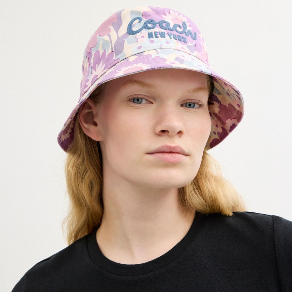 COACH®,Coach Script Floral Print Bucket Hat,Cotton,Bucket,Breathable,Casual,Multi Color,Detail View