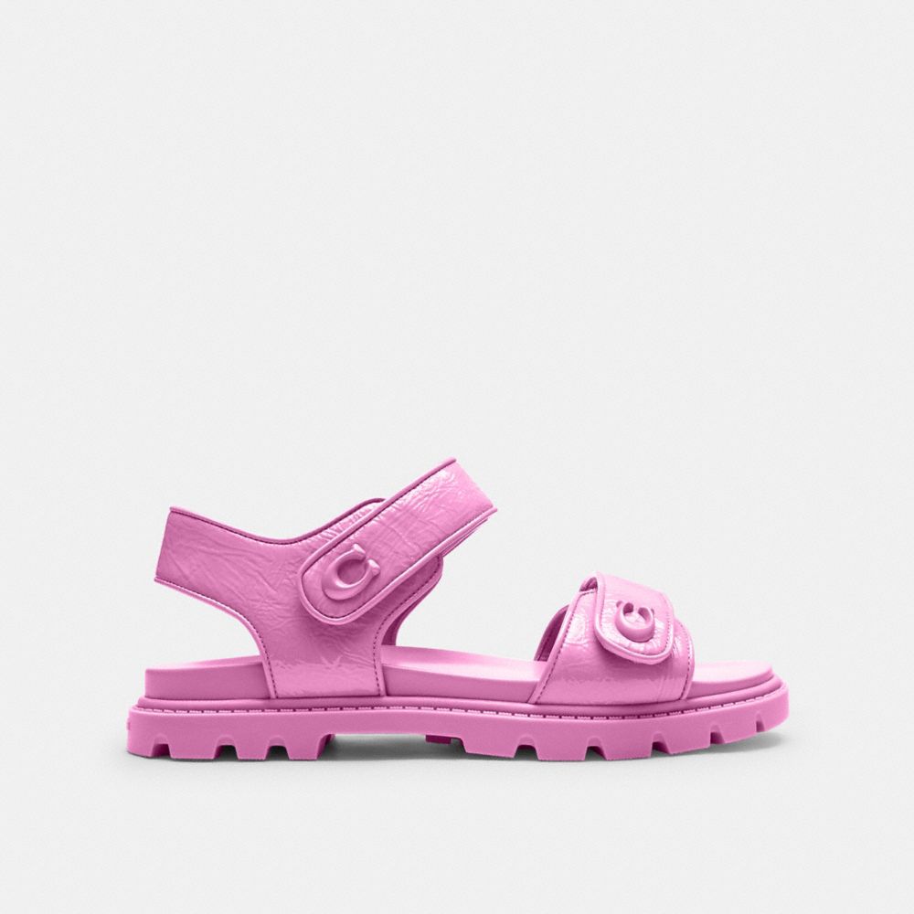 COACH®,Brynn Sandal,Rubber,Sandals,Metal,Logo,Pull Tab,Cushioned,Casual,Pink,Angle View