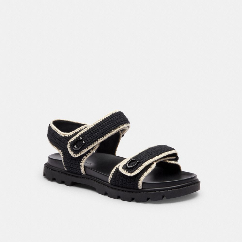 COACH®,Brynn Sandal,Rubber,Cotton,Sandals,Logo,Metal,Piping,Pull Tab,Casual,Black,Front View