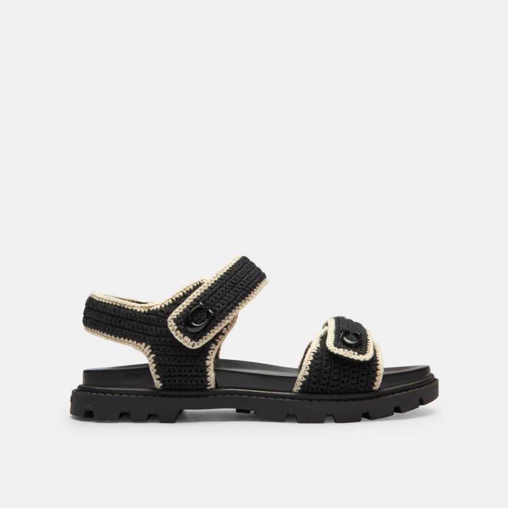 COACH®,Brynn Sandal,Rubber,Cotton,Sandals,Logo,Metal,Piping,Pull Tab,Casual,Black,Angle View