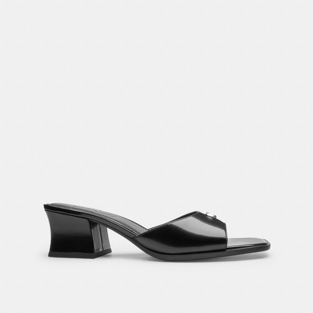 COACH®,Sculpted C Block Heel Sandal,Rubber,Leather,Slides,Metal,Logo,Cushioned,Traction,Day Party,Casual,Black,Angle View