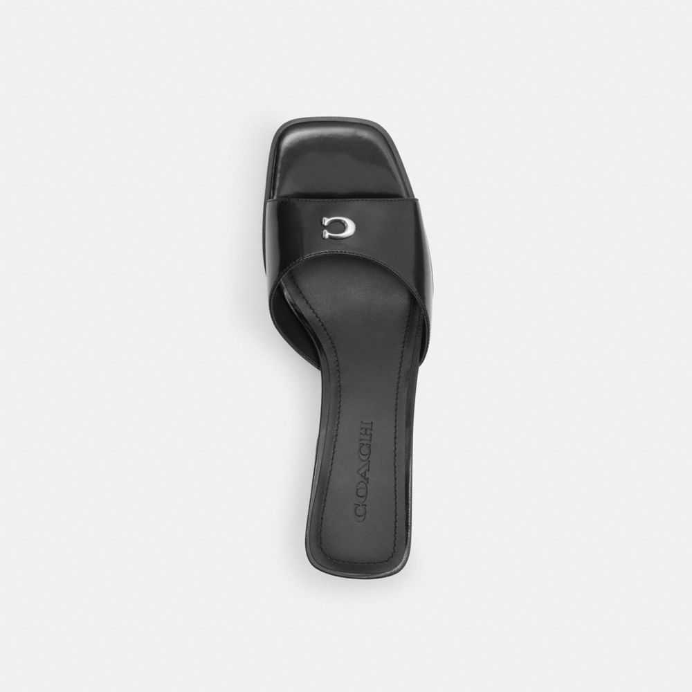 COACH®,Sculpted C Block Heel Sandal,Rubber,Leather,Slides,Metal,Logo,Cushioned,Traction,Day Party,Casual,Black,Inside View,Top View