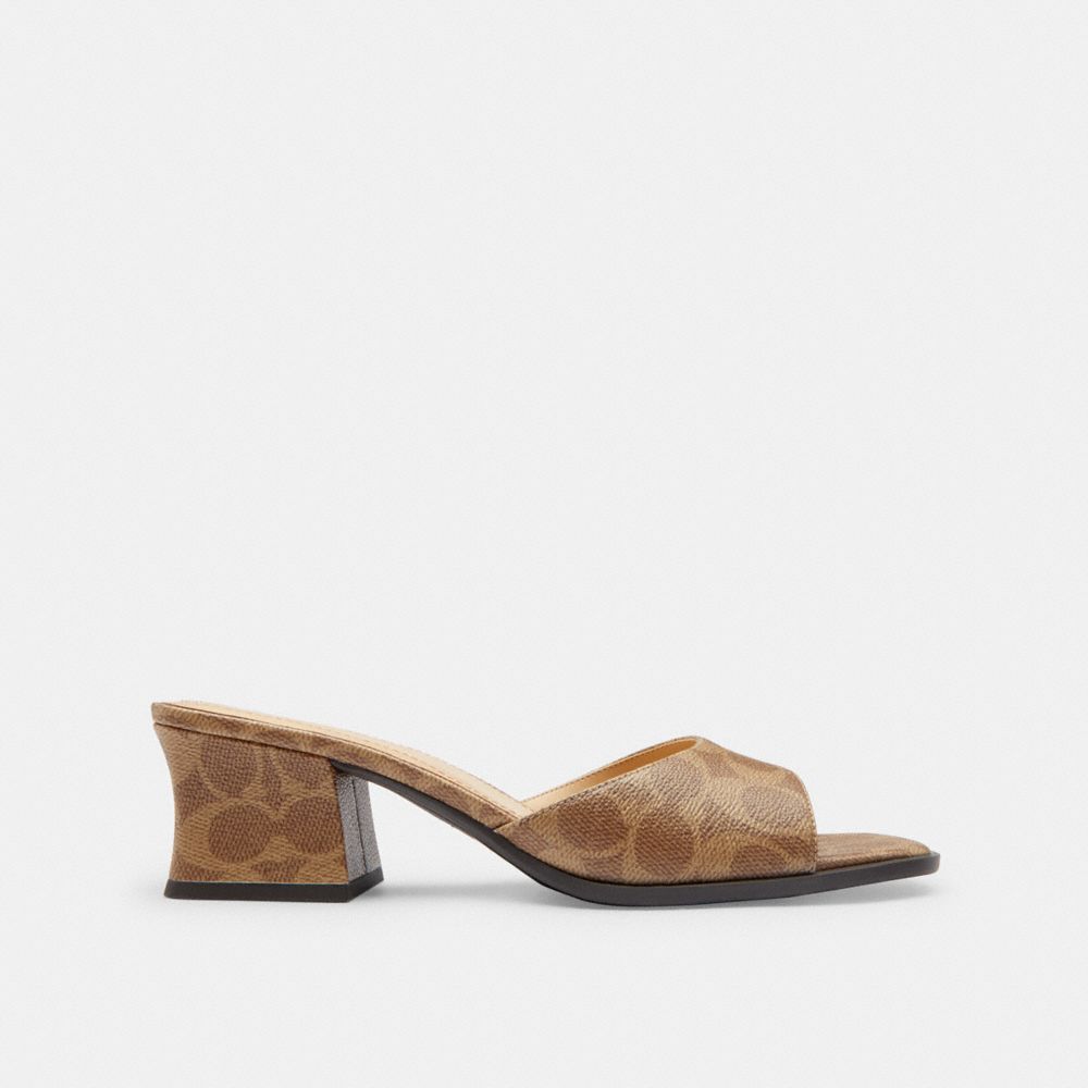 COACH®,Sculpted C Block Heel Sandal In Signature Canvas,Rubber,Leather,Canvas,Slides,Traction,Day Party,Brown,Angle View