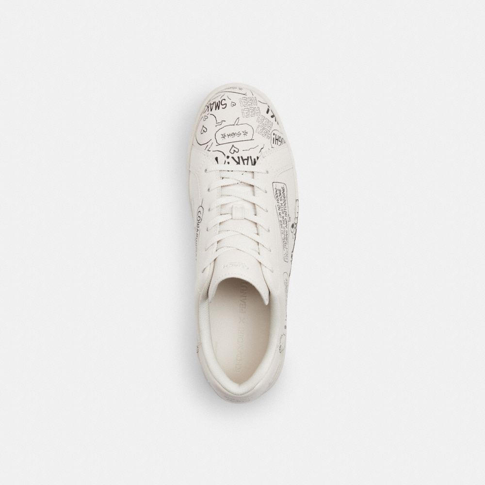 COACH®,Coach X Peanuts High Line Sneaker With Newspaper Print,Leather,Casual,Fabric,Cushioned,Casual,White,Inside View,Top View