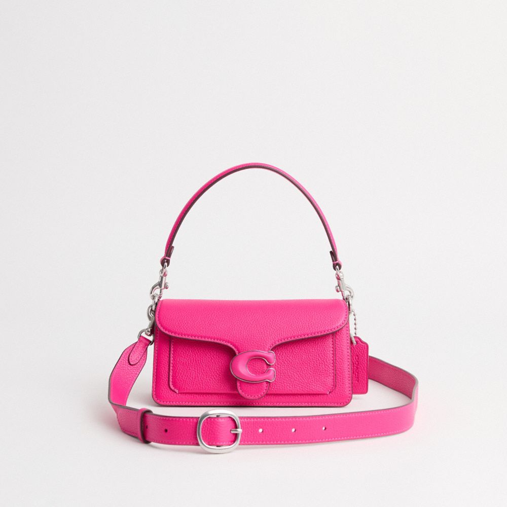 COACH®,Restored Tabby Shoulder Bag 20,Leather,Calfskin Leather,Shoulder Bag,Pendant,Logo,Metal,Silver Metal,Day Party,Fuchsia,Front View