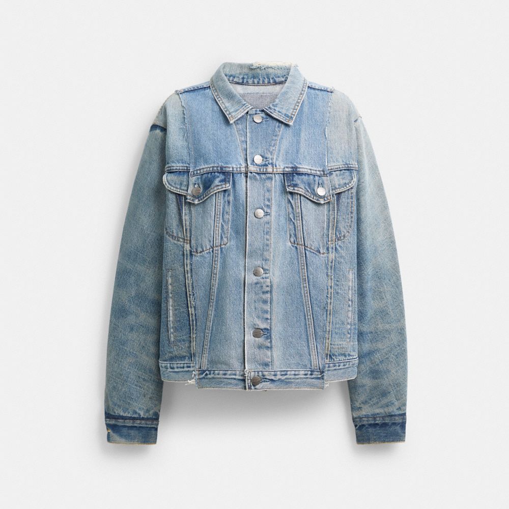 COACH®,Repurposed Denim Trucker Jacket,Denim,Denim,Trucker,Button,Frayed,Casual,Blue,Front View