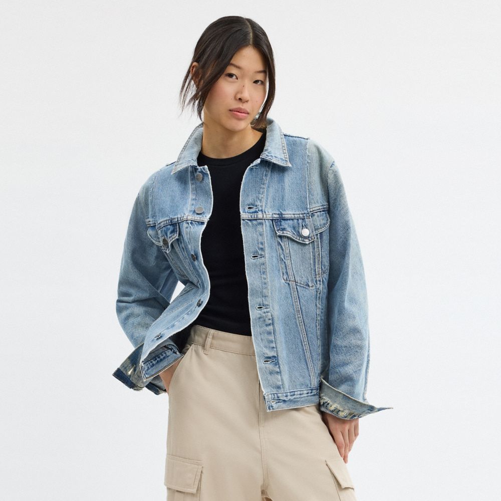 COACH®,Repurposed Denim Trucker Jacket,Denim,Denim,Trucker,Button,Frayed,Casual,Blue,Scale View
