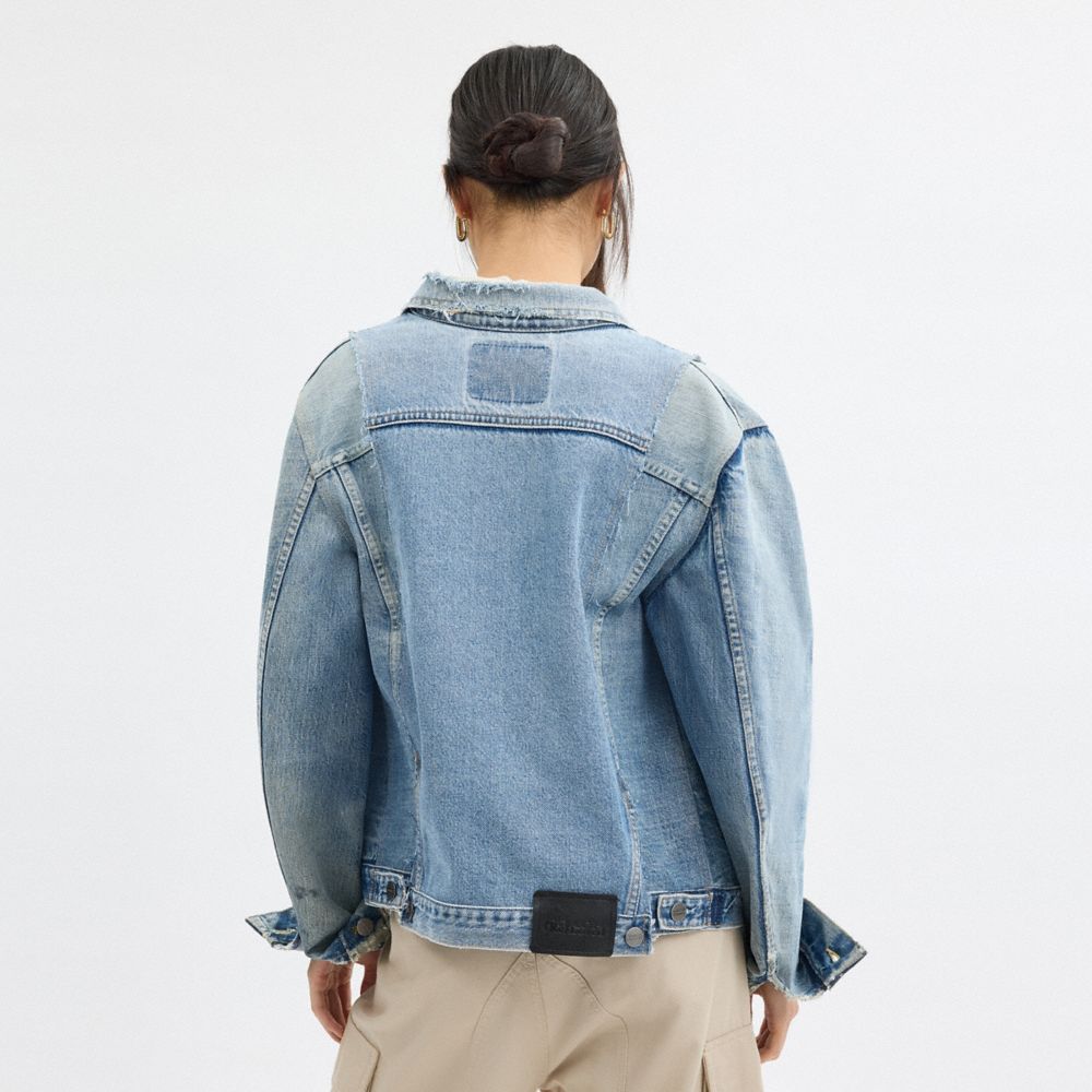 COACH®,Repurposed Denim Trucker Jacket,Denim,Denim,Trucker,Button,Frayed,Casual,Blue,Scale View