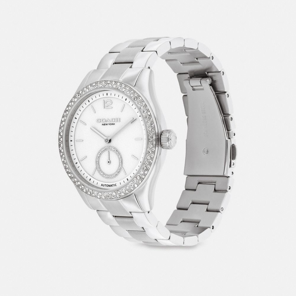 COACH®,Brooks Automatic Watch, 38 Mm,Analog,Metal Material,Textured,Gem Embellishment,Logo,Word Embellishment,Water Resist...,,Angle View