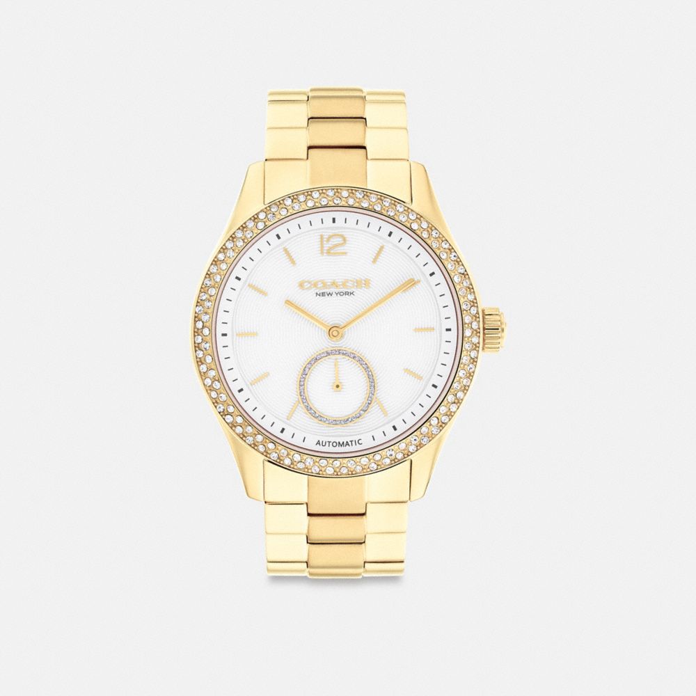 COACH®,Brooks Automatic Watch, 38 Mm,Analog,Crystal,Metal Material,Textured,Gem Embellishment,Logo,Word Embellishment,Wate...,,Front View