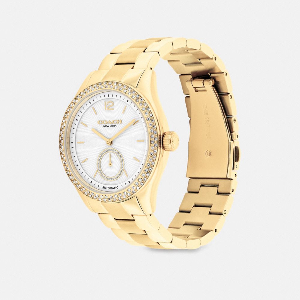 COACH®,Brooks Automatic Watch, 38 Mm,Analog,Crystal,Metal Material,Textured,Gem Embellishment,Logo,Word Embellishment,Wate...,,Angle View