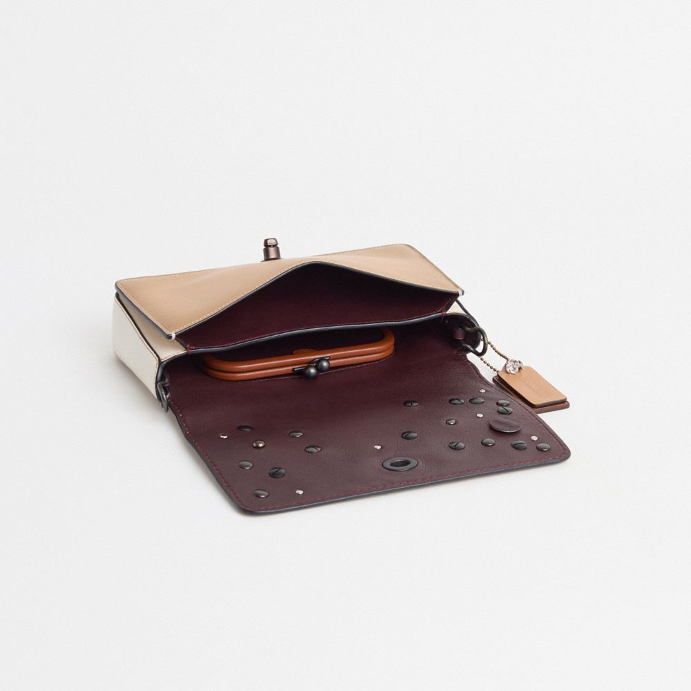 COACH®,Upcrafted Dinky In Colorblock,Crossbody,Pearl,Logo,Embossed,Metal,Chain Detail,Rhinestones,Studded,Sustainable,Mixe...,Beige,Inside View,Top View