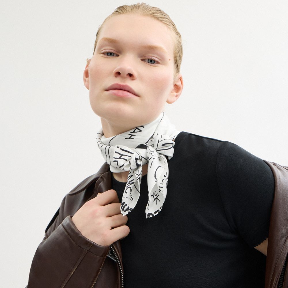 COACH®,Coach X Peanuts Newspaper Print Silk Square Scarf,White,Detail View
