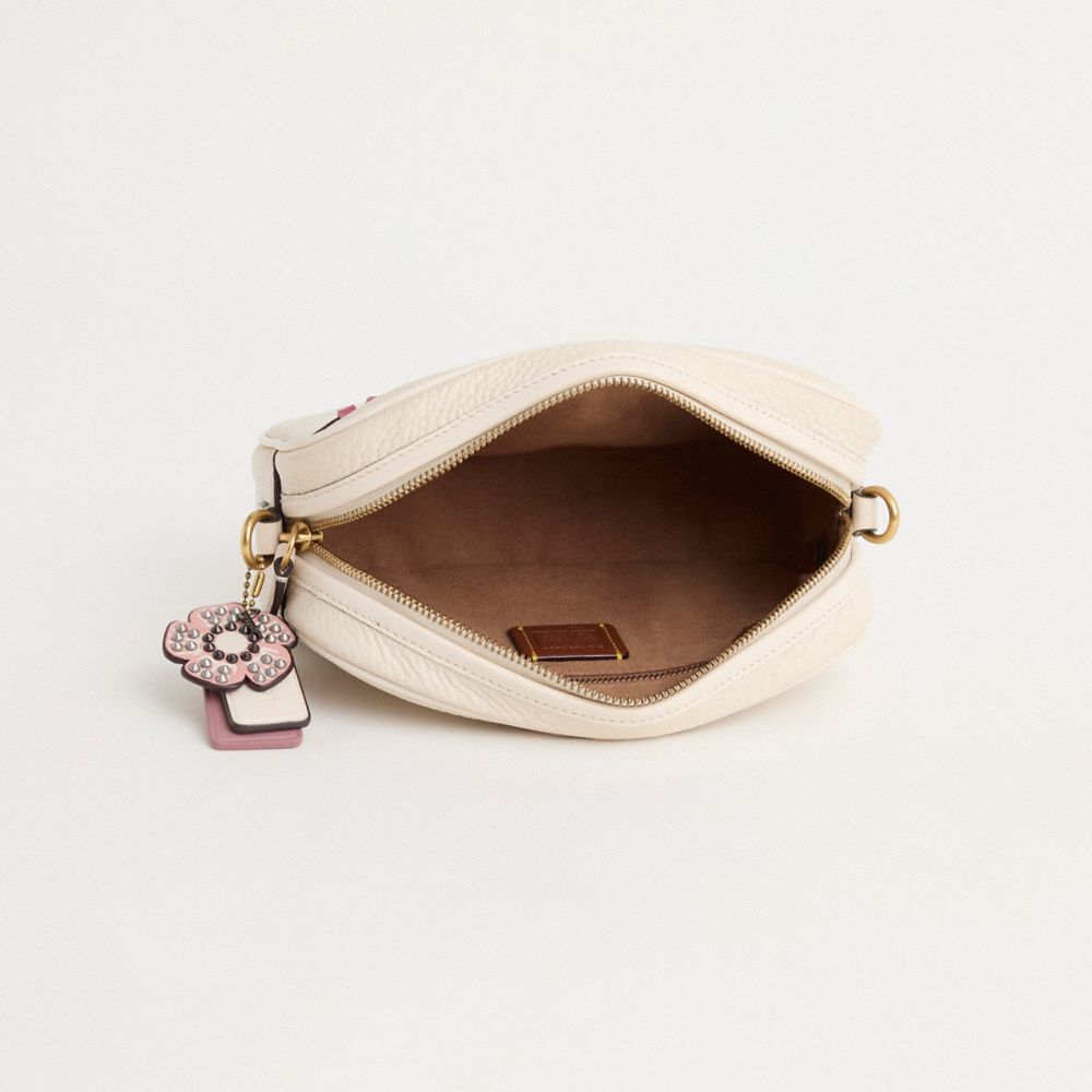 COACH®,Upcrafted Camera Bag,Leather,Camera Bag,Whipstitch,Studded,Metal,Logo,Adjustable,Brass,Casual,Cream,Inside View,Top View