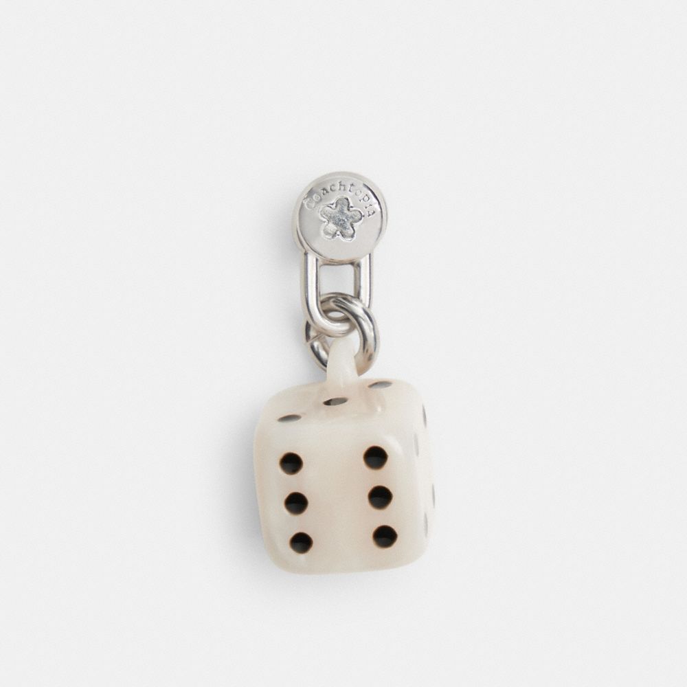 COACH®,Dice Bag Charm,Acrylic,Bag Charm,Logo,Silver Metal,Cream,Front View