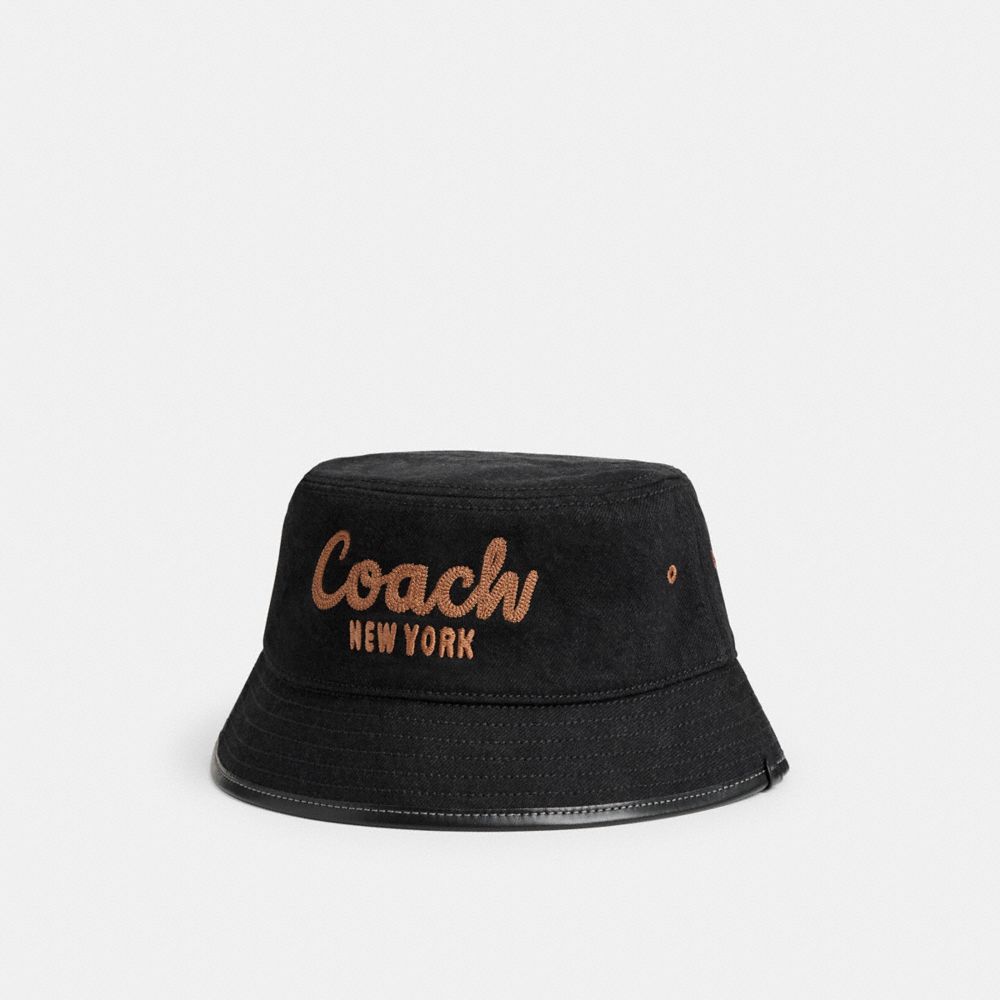 COACH®,Coach Script Embroidered Denim Bucket Hat,Cotton,Bucket,Piping,Casual,Black,Front View