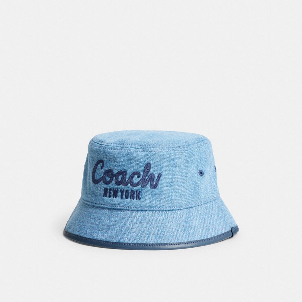 COACH®,Coach Script Embroidered Denim Bucket Hat,Cotton,Bucket,Piping,Casual,Blue,Front View