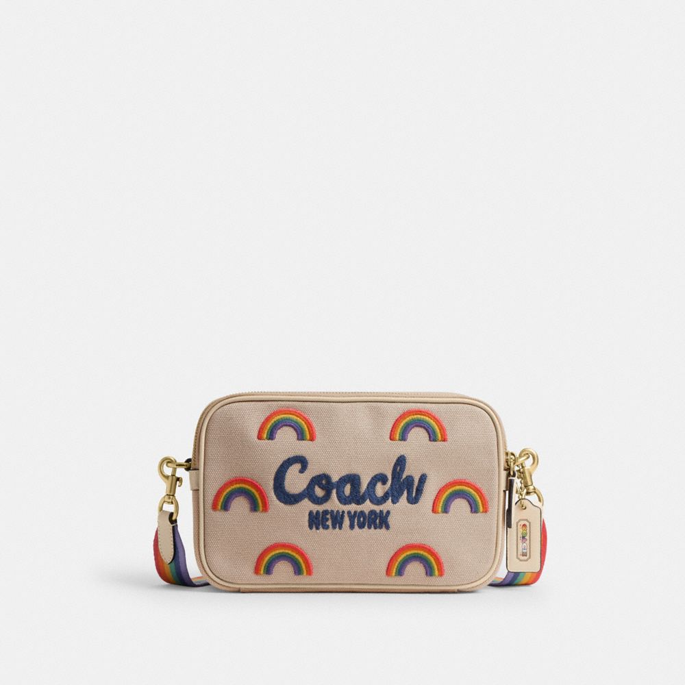 COACH®,Theo Camera Bag With Rainbow,Cotton,Crossbody,Embroidered,Casual,Beige,Front View