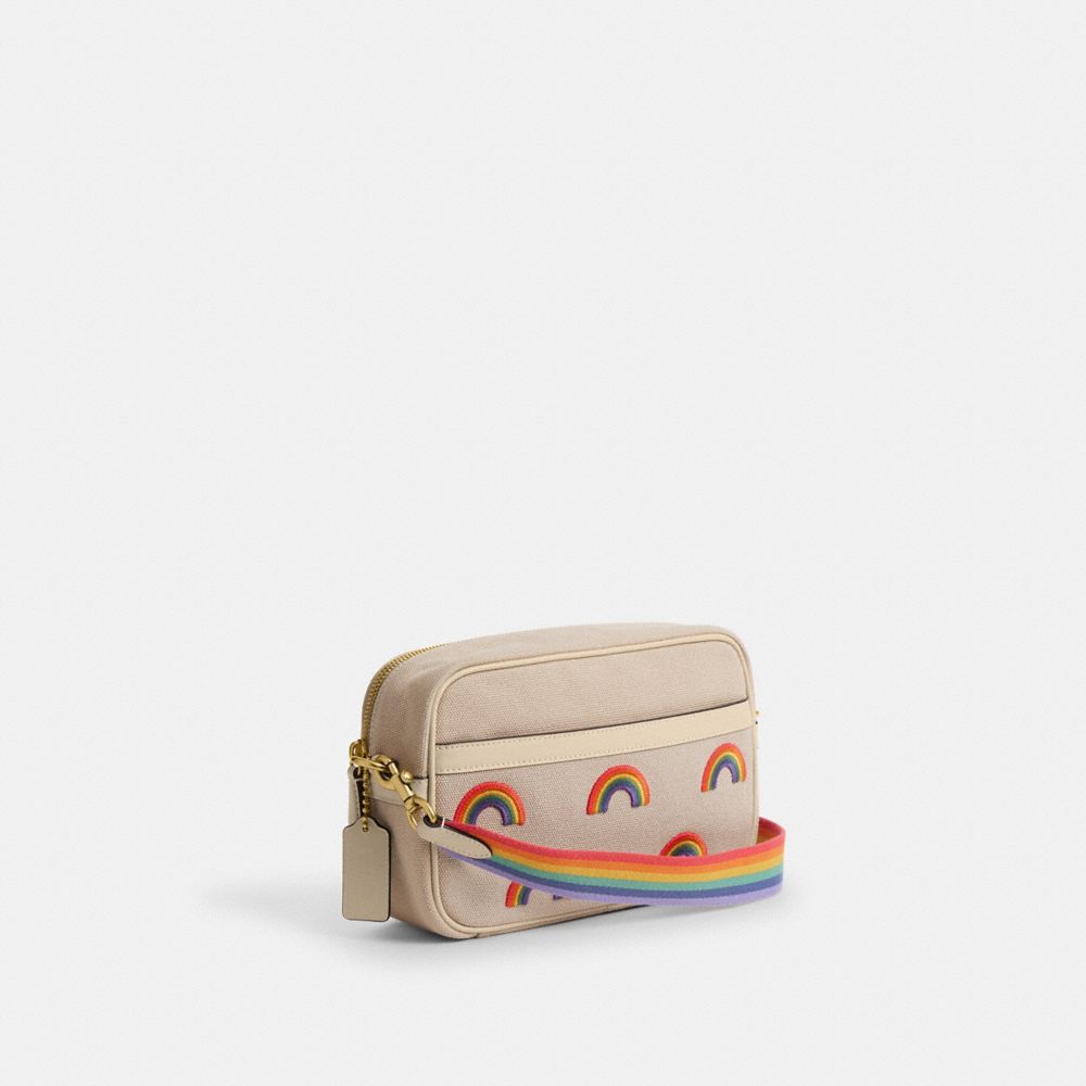 COACH®,Theo Camera Bag With Rainbow,Cotton,Crossbody,Embroidered,Casual,Beige,Angle View
