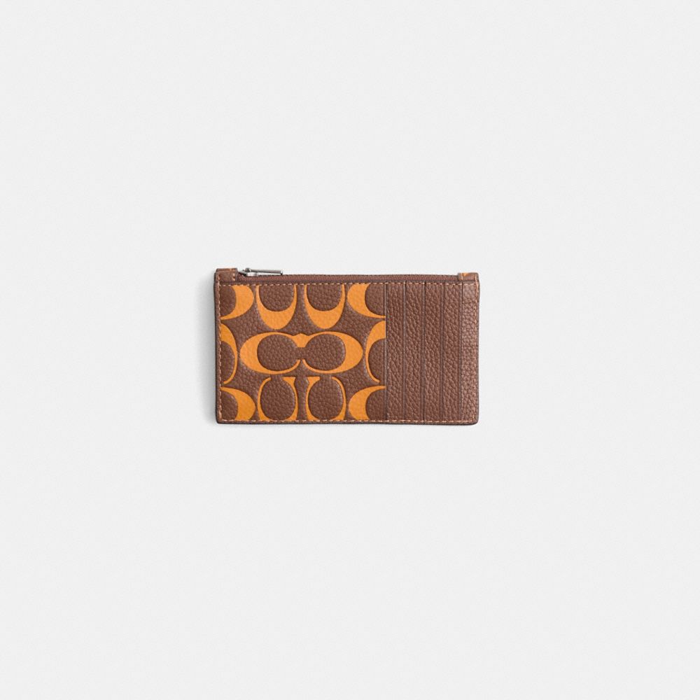 COACH®,Restored Zip Card Case In Signature Leather,Leather,Card Case,Coin,Pouch,Casual,Brown,Front View