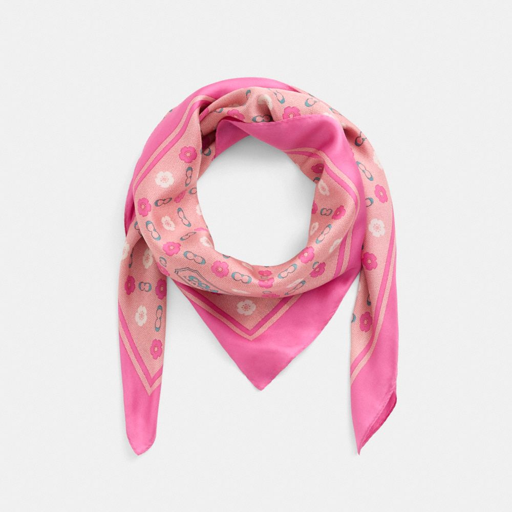 COACH®,Restored Tea Rose Print Silk Square Scarf,Silk,Square,Color Block,Casual,Pink,Front View
