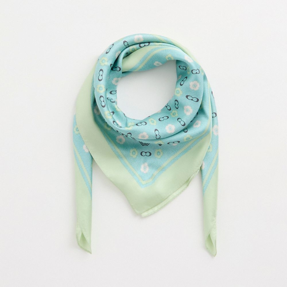 COACH®,Restored Tea Rose Print Silk Square Scarf,Silk,Square,Color Block,Casual,Turquoise,Front View