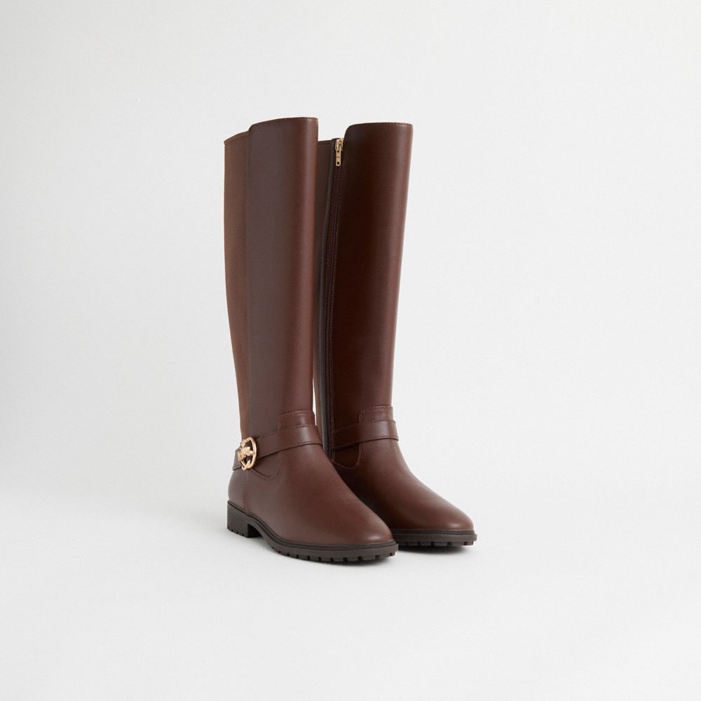 COACH®,Restored Farrah Boot,Leather,Rubber,Riding,Metal,Logo,Pull Tab,Casual,Brown,Angle View