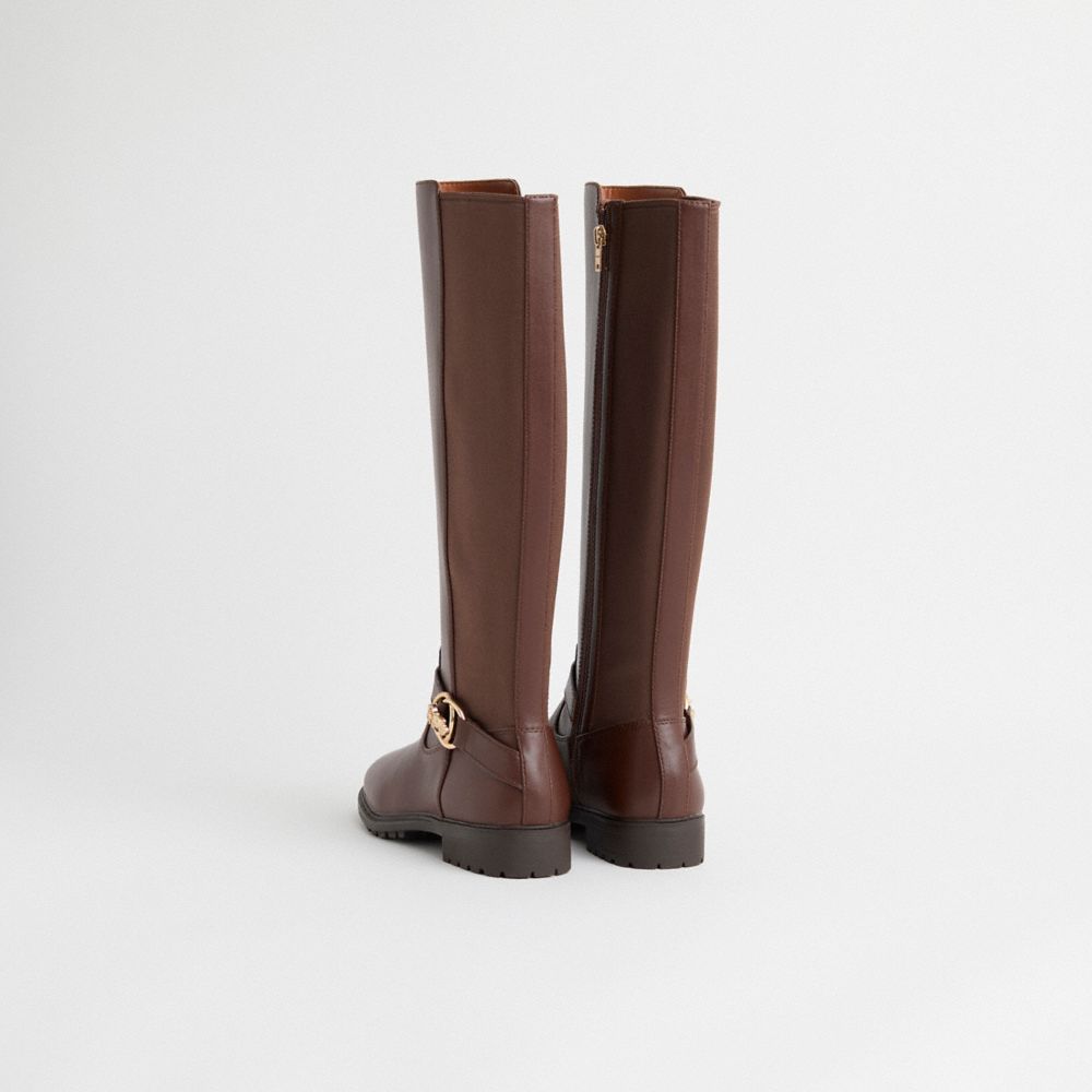 COACH®,Restored Farrah Boot,Leather,Rubber,Riding,Metal,Logo,Pull Tab,Casual,Brown,Back View