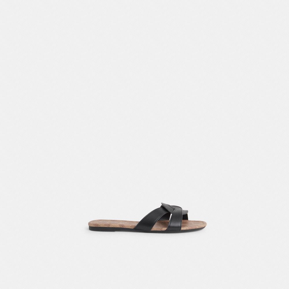 COACH®,Restored Essie Sandal,Canvas,Leather,Rubber,Slides,Sustainable,Pool,Casual,Black,Front View