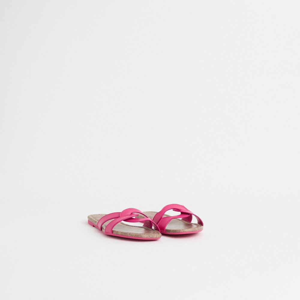 COACH®,Restored Essie Sandal,Canvas,Leather,Rubber,Slides,Sustainable,Pool,Casual,Fuchsia,Angle View