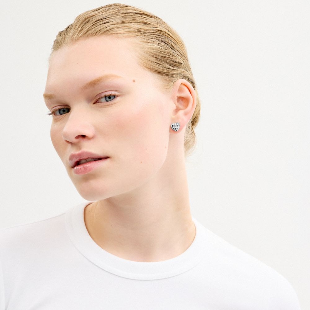 COACH®,Quilted Heart Stud Earrings,Studs,Metal Material,Cubic Zirconia,Embossed,Lettering Word,Logo,Textured,Titanium,Bras...,,Detail View