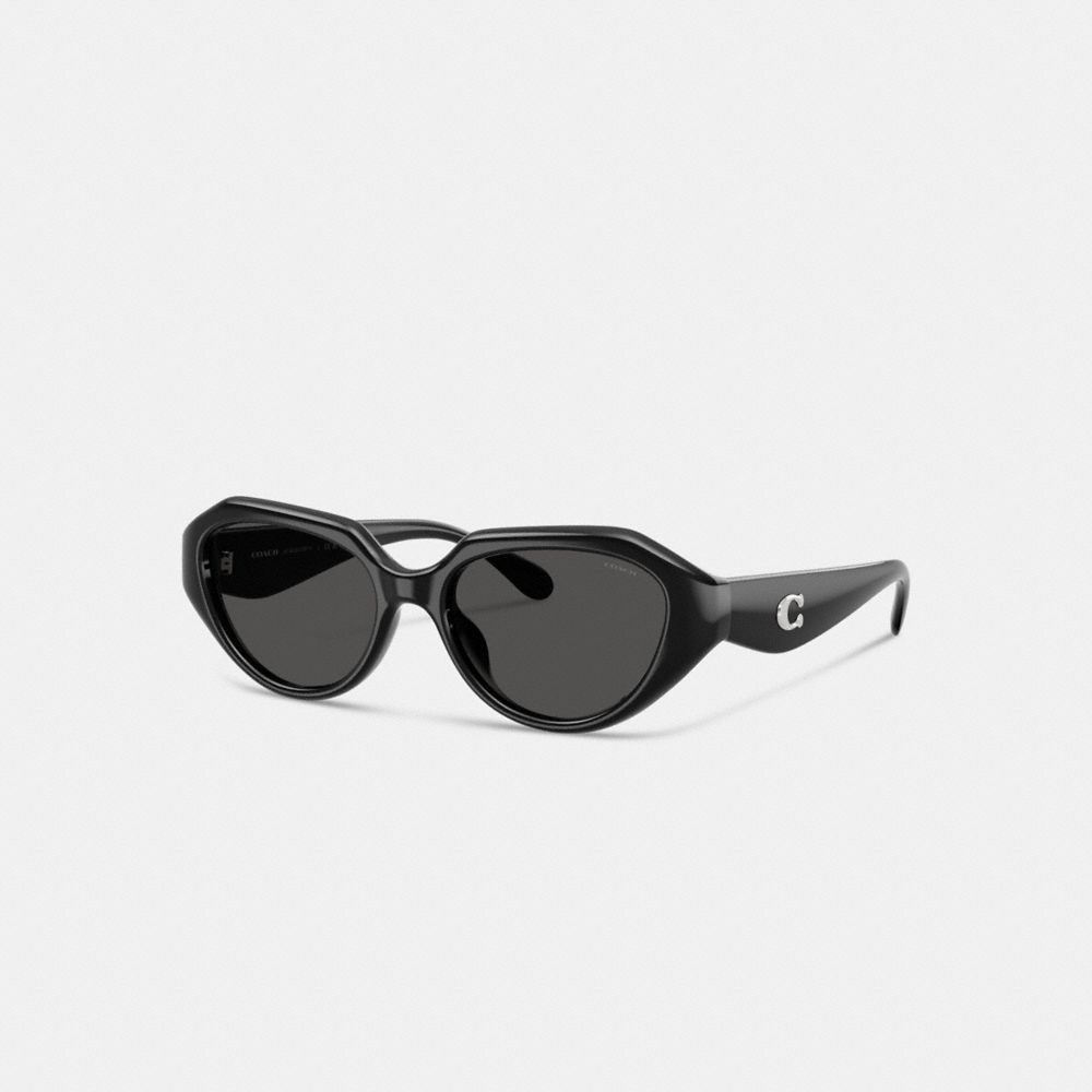 COACH®,C Hardware Geometric Sunglasses,Cat Eye,Plastic,Metal,Integrated Nose Pads,Gold Metal,Casual,Black,Front View