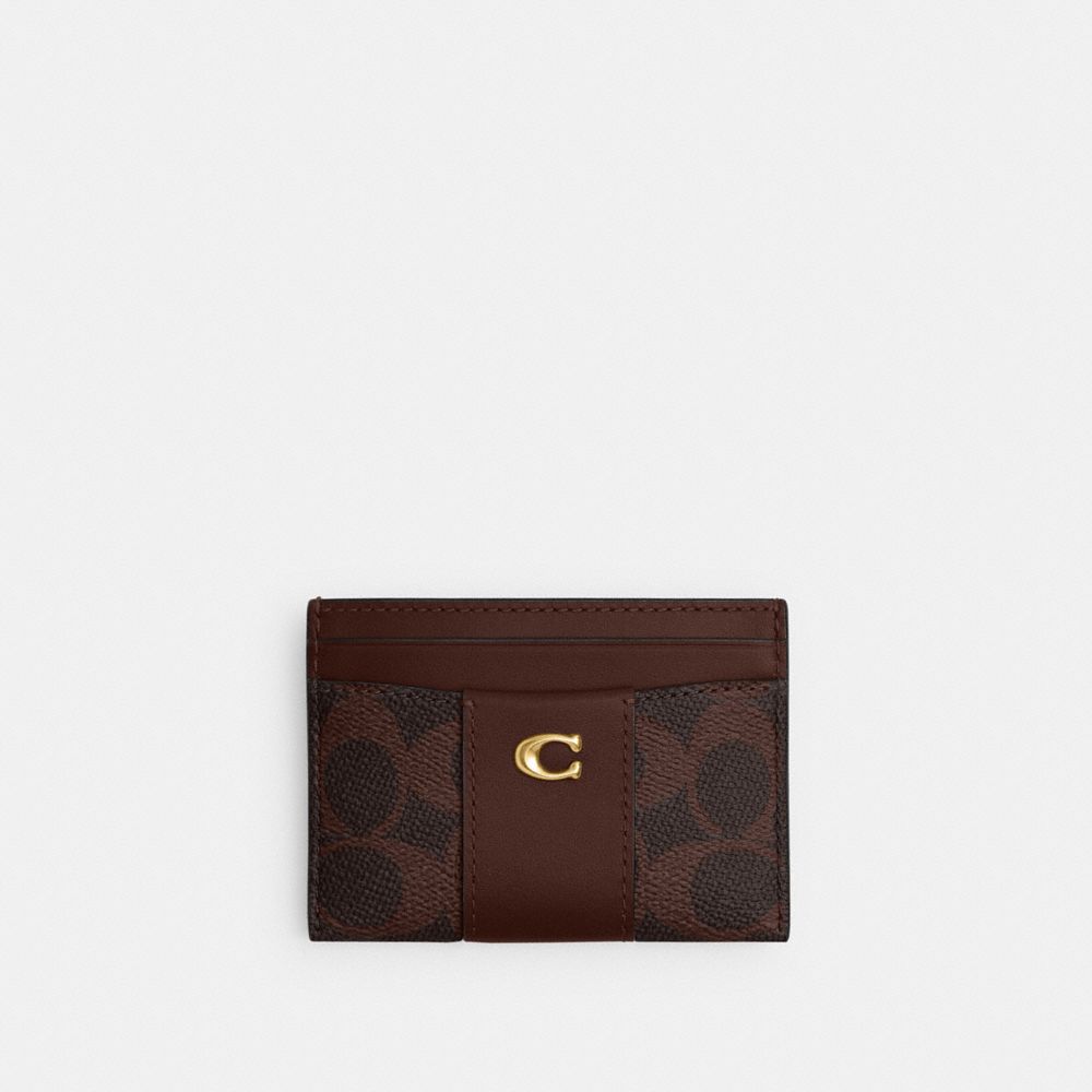 COACH®,Essential Card Case In Signature Canvas,Leather,Canvas,Calfskin Leather,Card Case,Logo,Metal,Embellished,Pattern,Gr...,Brown,Front View