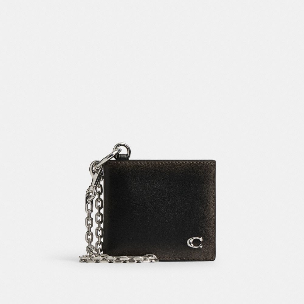 COACH®,Double Billfold Wallet With Chain In Loved Leather,Leather,Bi Fold,Logo,Metal,Casual,Black,Front View