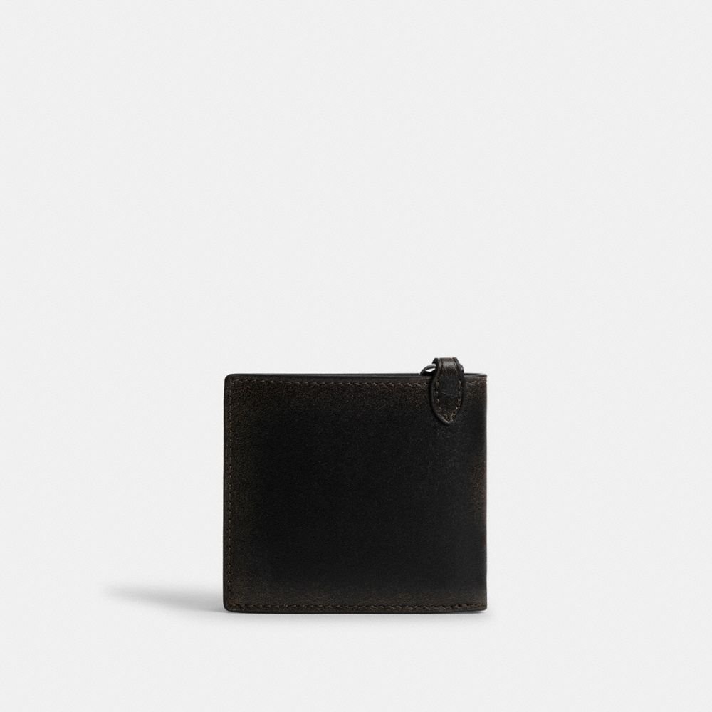 COACH®,Double Billfold Wallet With Chain In Loved Leather,Leather,Bi Fold,Logo,Metal,Casual,Black,Back View