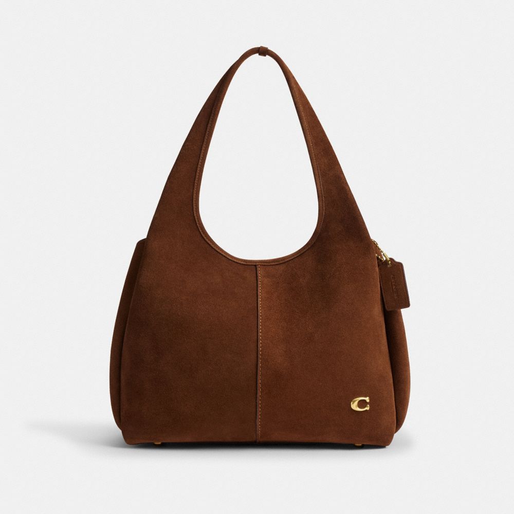 COACH®,Lana Shoulder Bag,Leather,Suede,Shoulder Bag,Logo,Metal,Brass,Casual,Brown,Front View