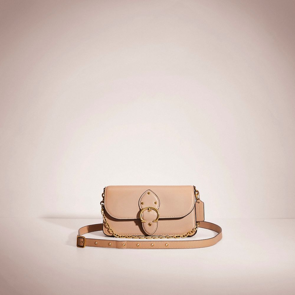 COACH®,Restored Beat Crossbody Clutch,Leather,Crossbody,Clutch,Logo,Metal,Sustainable,Day Party,Beige,Front View