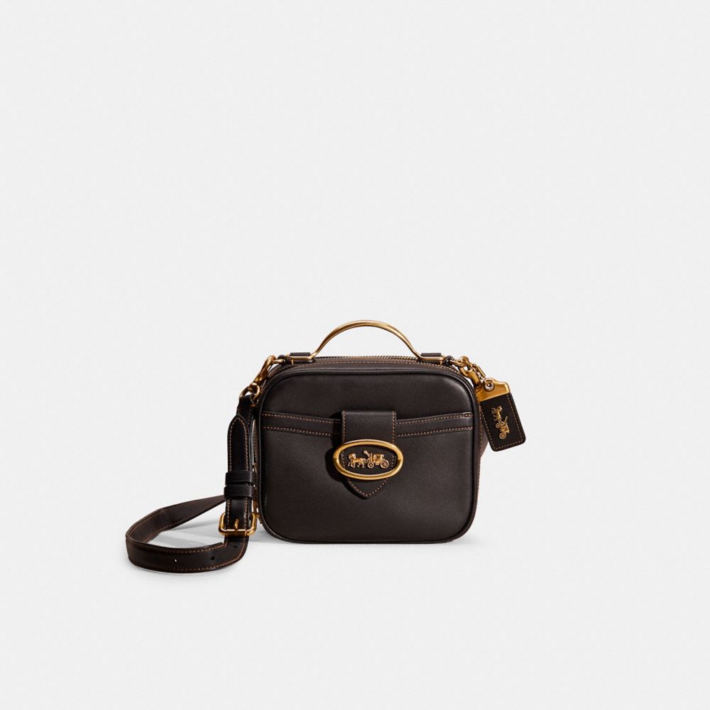 COACH®,Restored Riley Lunchbox Bag,Leather,Crossbody,Studded,Metal,Logo,Expandable,Gold Metal,Casual,Black,Front View