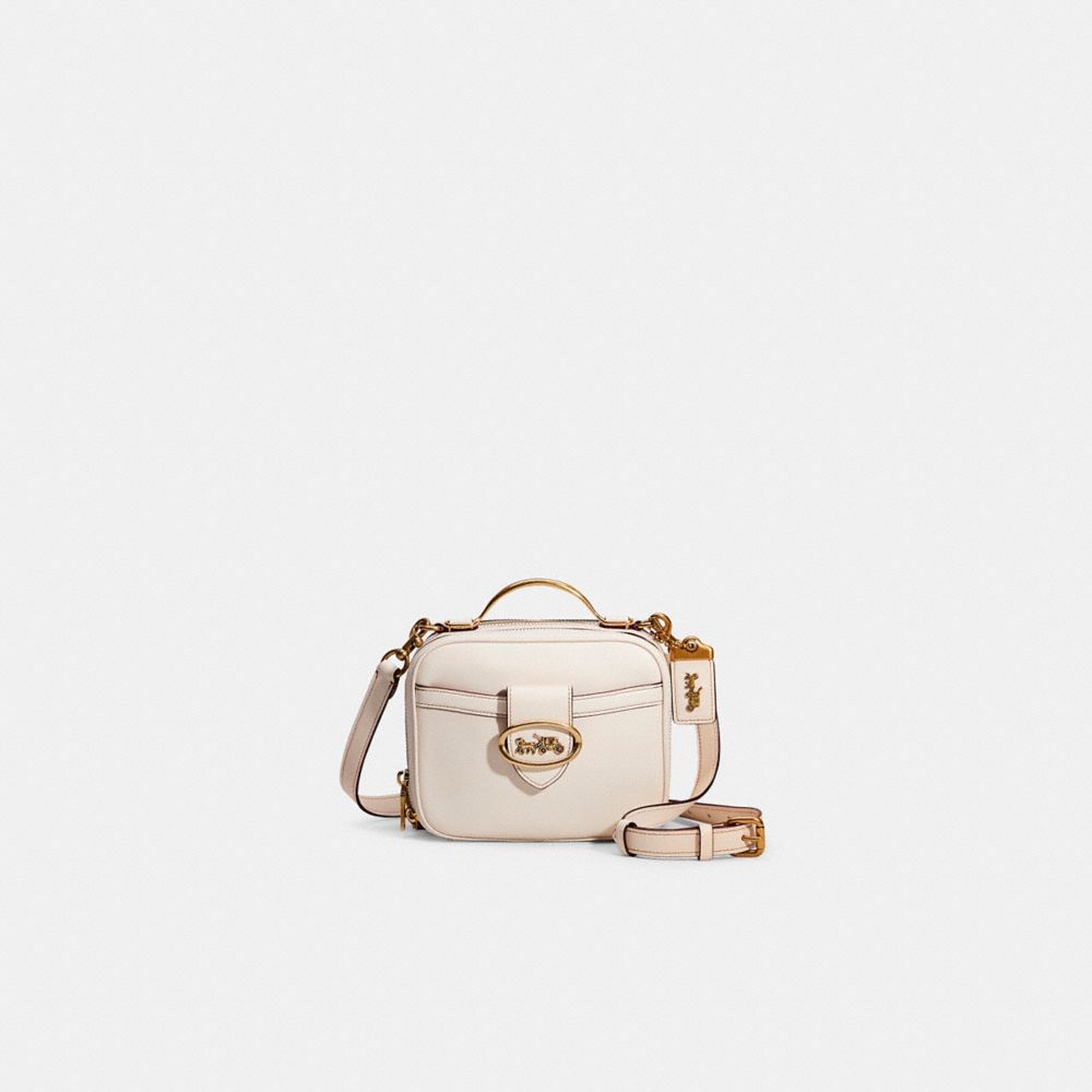 COACH®,Restored Riley Lunchbox Bag,Leather,Crossbody,Studded,Metal,Logo,Expandable,Gold Metal,Casual,White,Front View