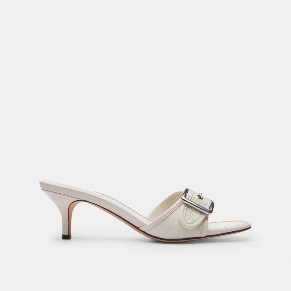 COACH®,Margot Sandal In Signature Jacquard,Leather,Slides,Pull Tab,Day Party,Cream,Angle View