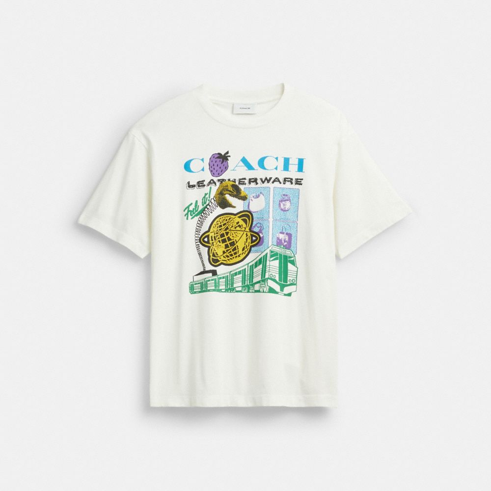 COACH®,Collage Train Relaxed T-Shirt In Organic Cotton,Cotton Knit,Organic Cotton,Cotton,Knit,T Shirt,Logo,Eco-Friendly,Ca...,White,Front View