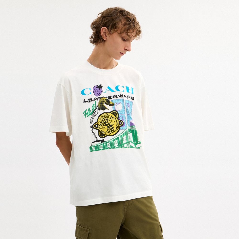 COACH®,Collage Train Relaxed T-Shirt In Organic Cotton,Cotton Knit,Organic Cotton,Cotton,Knit,T Shirt,Logo,Eco-Friendly,Ca...,White,Scale View