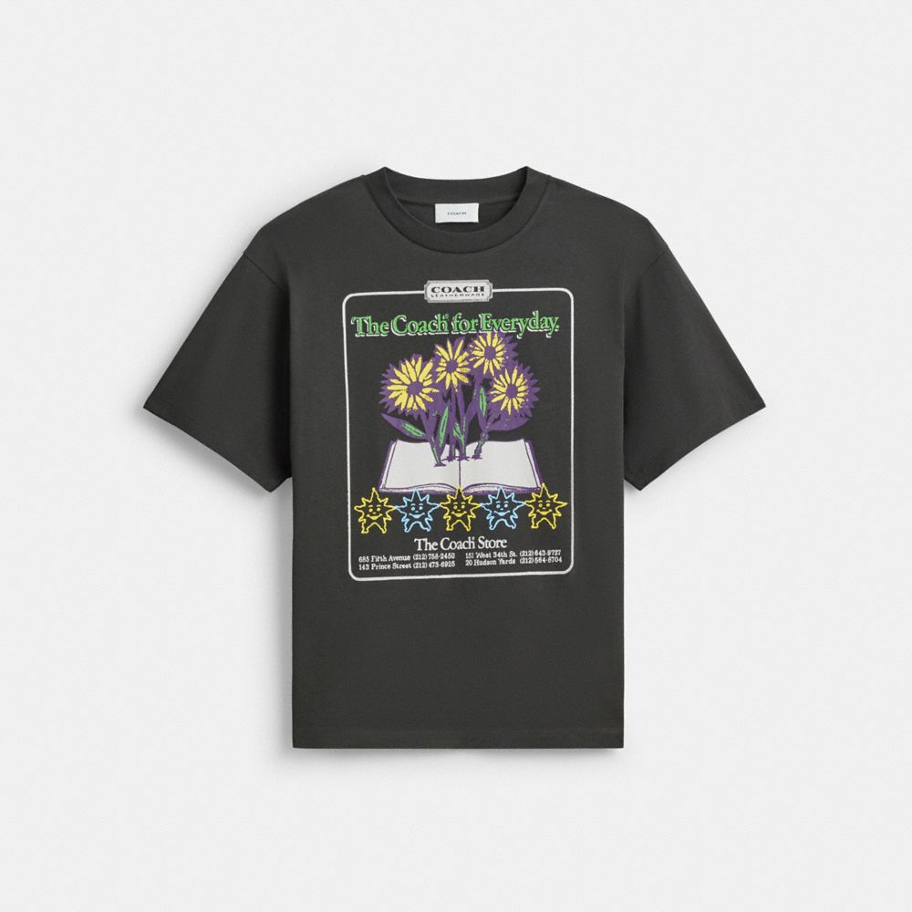 COACH®,Collage Flower Relaxed T-Shirt In Organic Cotton,Organic Cotton,T Shirt,Eco-Friendly,Sustainable,Casual,Black,Front View