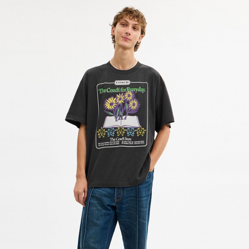COACH®,Collage Flower Relaxed T-Shirt In Organic Cotton,Organic Cotton,T Shirt,Eco-Friendly,Sustainable,Casual,Black,Scale View