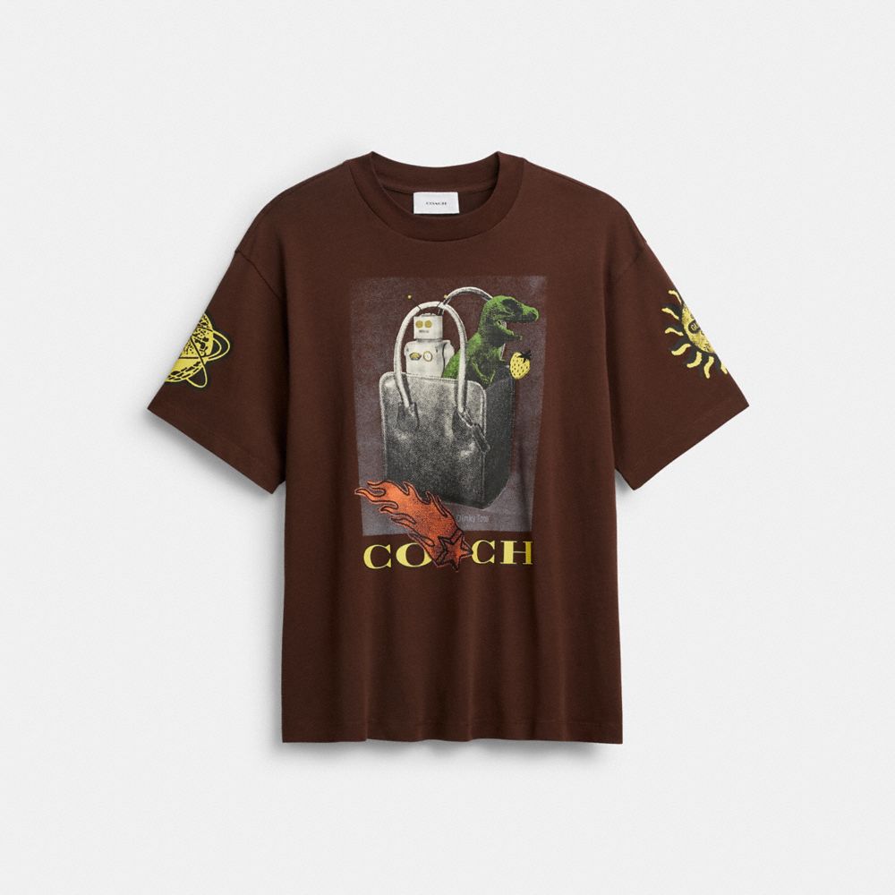 COACH®,Coach Graphic Relaxed T-Shirt In Organic Cotton,Organic Cotton,T Shirt,Logo,Casual,Brown,Front View