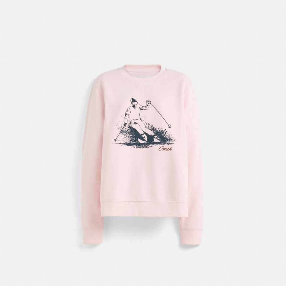 COACH®,Restored Ski Graphic Crewneck Sweatshirt,Cotton,Polyester,Sweatshirt,Sustainable,Casual,Pink,Front View