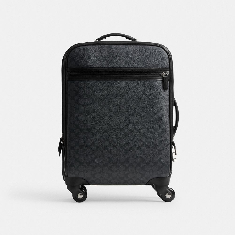 COACH®,Wheeled Carry On In Signature Canvas,Canvas,Mesh,Leather,Suitcase,PVC,Fabric,Logo,Panel ID Holder,Water Resistant,C...,Gray,Front View