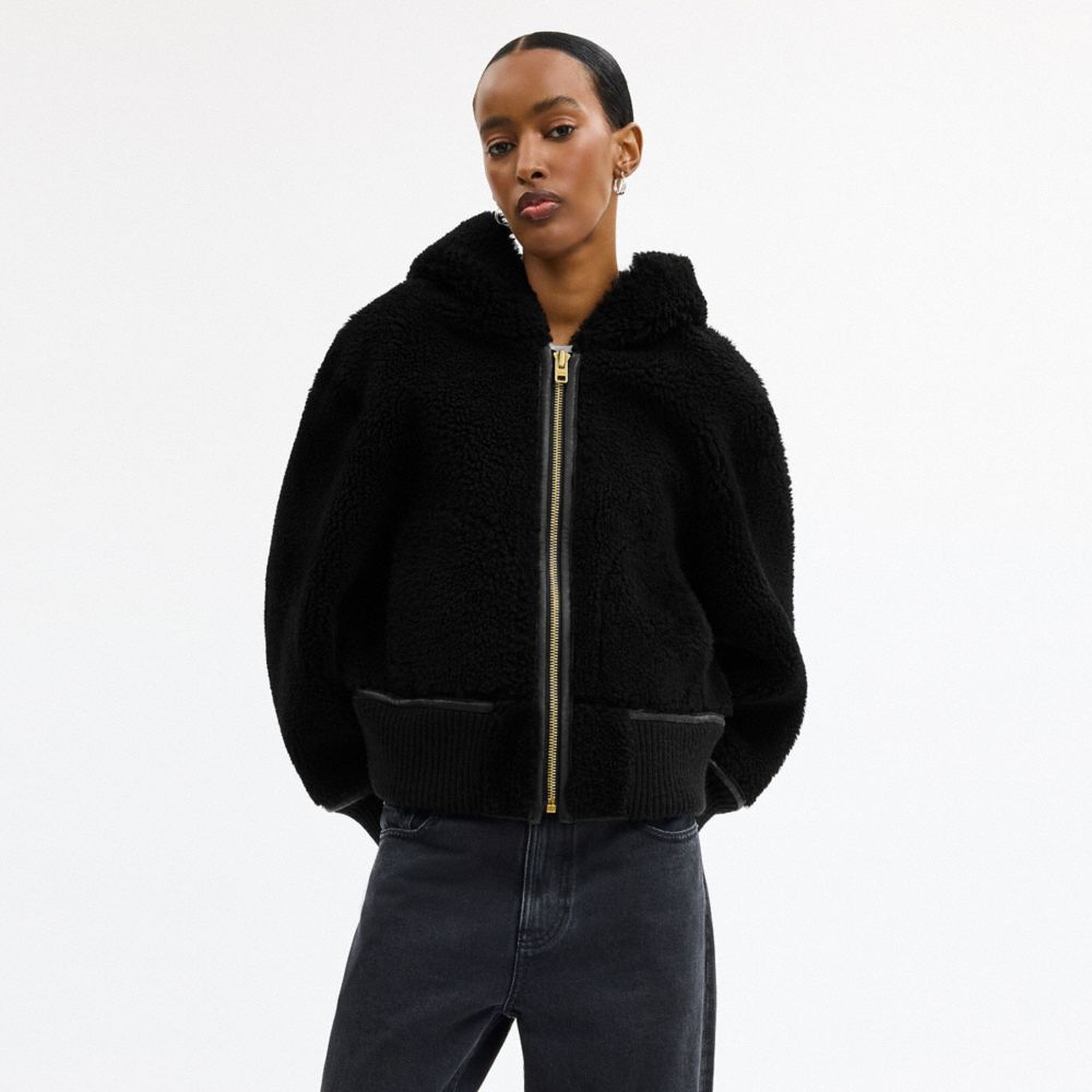 COACH®,Reversible Shearling Hoodie,Wool,Shearling,Lambskin,Leather,Acrylic,Polyamide,Shearling,Teddy,Metal,Shearling,Logo,...,Black,Scale View